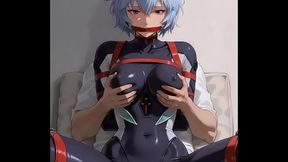 Rei Ayanami in black plugsuit getting boobs grasped