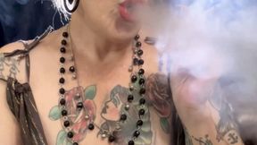 Red Marlboro - Deep Inhales, Double pumps, Puffs, Nose exhales, Cough, Smoke rings - Beautiful dress, with beautiful neckline, Red lipstick, Long nails