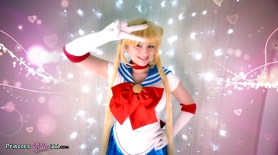 Blonde Sailor Moon cosplayer rides her partner in passionate anime-inspired roleplay
