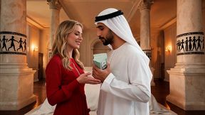 a wealthy arab man offers money to a beautiful 18-year-old blonde for sex. (ai-generated video)