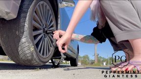 6ft7 Tall Amazon Goddess Changes her Tire  Big Feet in Frame