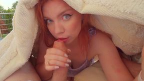 Ginger babe gives him a nice blowjob in the backyard POV