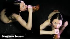 Celestina Blooms Brunette Slut Gags on Gloryhole Cocks