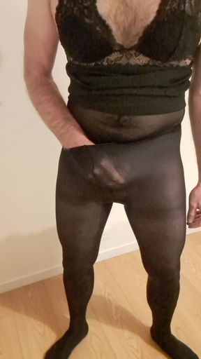 Crossdresser in pantyhose and lingerie wanks