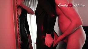 daddy fucks my tight tgirl ass in front of the mirror in my leather catsuit - ts emily adaire