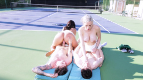 Group sex on the tennis court with MILFs Mona Azar and Kenzie Taylor