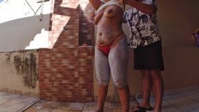 Married Slut Bleaches All Her Body Hair and Gets Completely Naked in the Backyard for Everyone to See