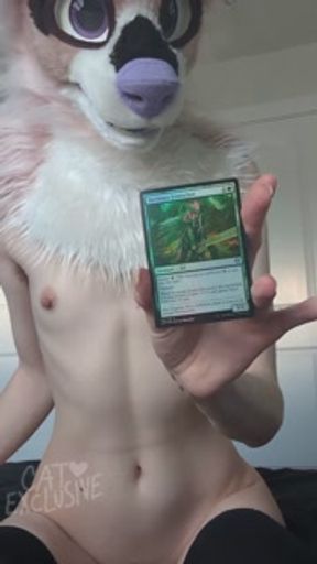 Cute little gambling addict puppygirl furry opening Magic the Gathering packs in her fursuit :3
