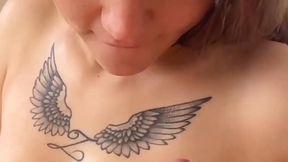Tattooed brunette model with natural tits rimming, deepthroats and gets cum on face