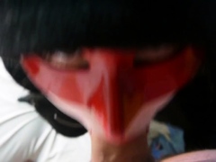 Redhead teen vampire cosplayer gets a surprise in her throat