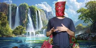 Masturbating with a dildo made from a bottle, used under a waterfall.