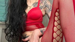 Red fishnets bodystockings, fingering and teasing