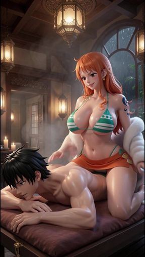 With her huge tits and voluptuous ass, Nami heats the client until she rides his dick - AI-generated content
