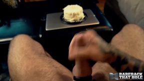Bareback Hairy Inked DILF Marc Angelo Masturbates