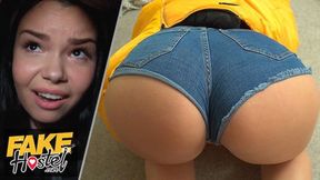 Chesty brunette seduces two dudes in fake hostel threesome