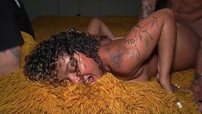 Big black cock destroys thick ebony pussy while cuckold husband watches and jerks off