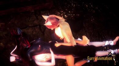 Threesome creampie double penetration furry 3D fuck with fursuit