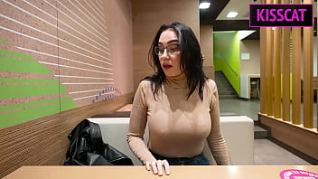 Stepson fucks stepmom'_s mouth in Mc toilet to improve her coffee with sperm