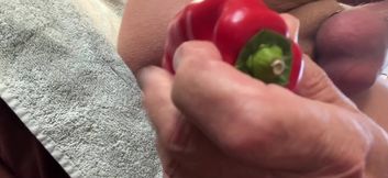 Pressing big red paprika in my tight ass ..