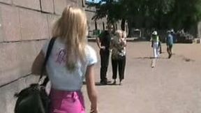Fantastic and slutty blonde Russian girl shows her goodies in public places