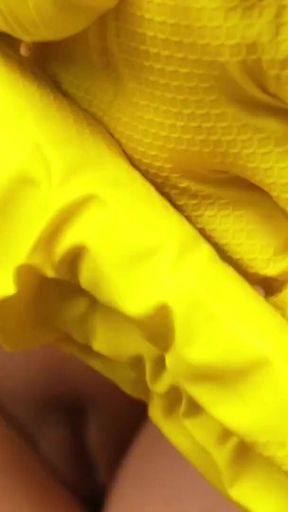Giantess Stepsister Puts Tiny Stepbrother in Her Yellow Dishwashing Glove Then Plays with Him Has Fun with Him