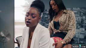 Ebony boss orders her black TS secretary Leilani Li to fuck her dark pussy