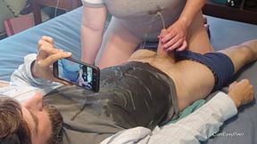 Liza give him an awesome handjob, then soaks him in his and her piss