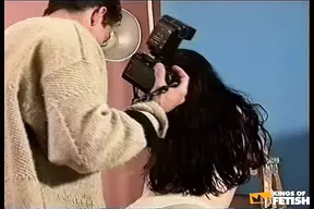 Brunette teenie gets her snatch screwed on the floor after charming photo shoot