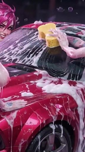Jinx and Vi Washing the Red Ferrari Wet and Soapy