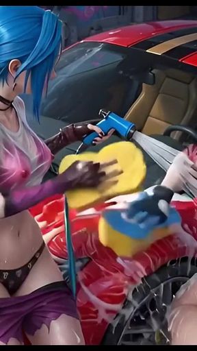 Jinx and Vi Washing the Red Ferrari Wet and Soapy