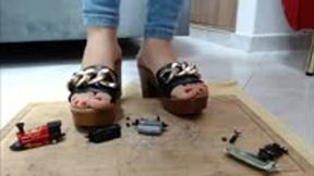 CRUSH a metal train with 3 diffrent wooden sandals heels