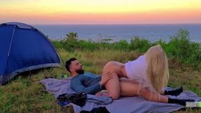 Blonde chick opens her mouth and gives oral foreplay before Camping Sex