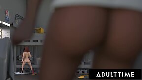 Unconventional customer service: busty futanari fills clients pussy with cum as coworker watches!