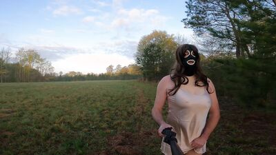 Fake tits Crossdresser Jon Scarecrow in lingerie having a walk and a wank in an open field