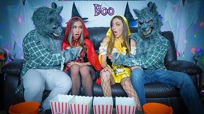 Costumed stepdaughters Dani Blu & Bailey Base seduce & screw step dads on haunted Halloween - daughter exchange