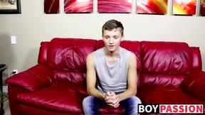 ”Twink pulls on his big thick dong right after the interview”