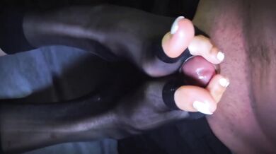She Worships Her Nylon Feet With Cum Dripping Footjob