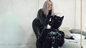 Pet Play with Heavy Rubber Fetish  Shiny Mistress in Latex Catsuit and Her Submissive  Positive Femdom