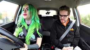 Busty MILF mouth jizzed in car after sex with driving tutor