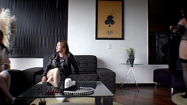 Orgy in the porn mansion with a giant cock