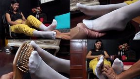 Rubs and tickles to Jasmin nylon feet!