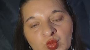 Passionate Lipstick & Gloss Application in a Tight White Blouse.