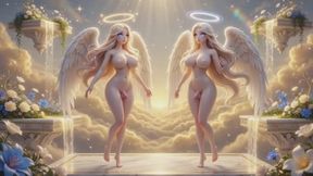 Stunning Busty Archangels with Majestic Wings Passionately Embrace in Celestial Paradise near Golden Waterfall