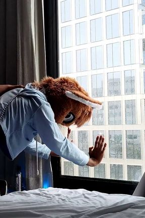 Bareback Femboy Furry Fursuit Fuck in Front of Window