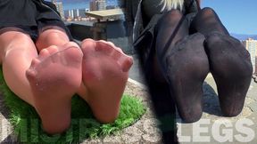 Sky-High Sole Seduction: Teasing Toes from Sheer to Black on the Rooftop (MP4 HD)