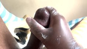 Crossdreser jerks off gooey cum in high heels  and stockings