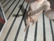 Totally naked in a mall playing with piss and cum
