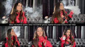 Biker red leather jacket, biker red leather gloves, leather bra and marlboro red 100s!
