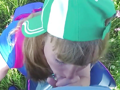 POV. Young cute teenager shy, but sucks cock at the photographer outdoor blowjob