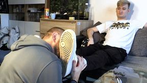 Pinned under Jerry's massive soles, Ben is left completely helpless as he eagerly licks and worships every single inch of his dominant feet.